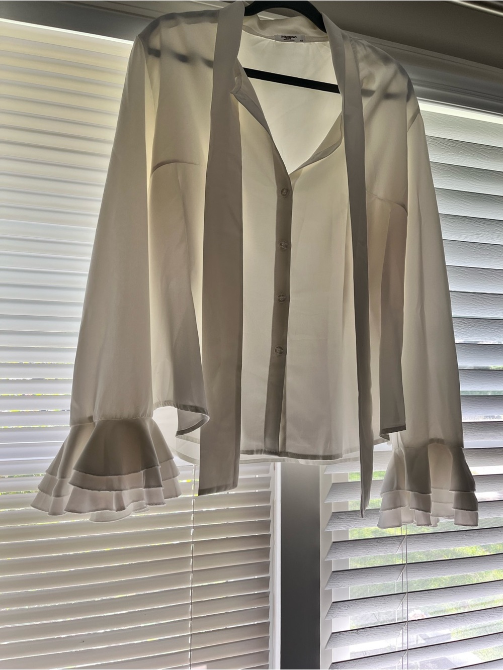 zeagoo White Tie-Neck Ruffle Cuff Blouse Jacket
